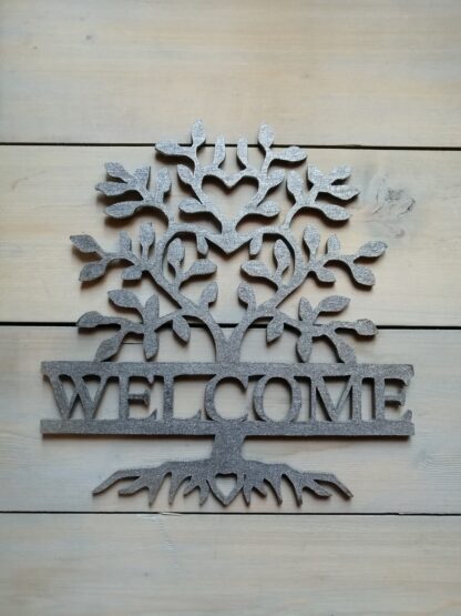Panneau « Welcome et arbre » gris métallisé.