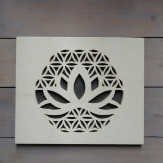 Cadre « fleur de vie-Lotus » bois naturel sur fond gris métallisé.