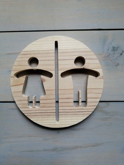 Panneau toilettes "Fille garçon dans cercle" en bois naturel.