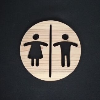 Panneau toilettes "Fille garçon dans cercle" en bois naturel.